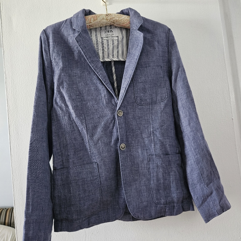 Zara Indigo Textured Linen Blazer